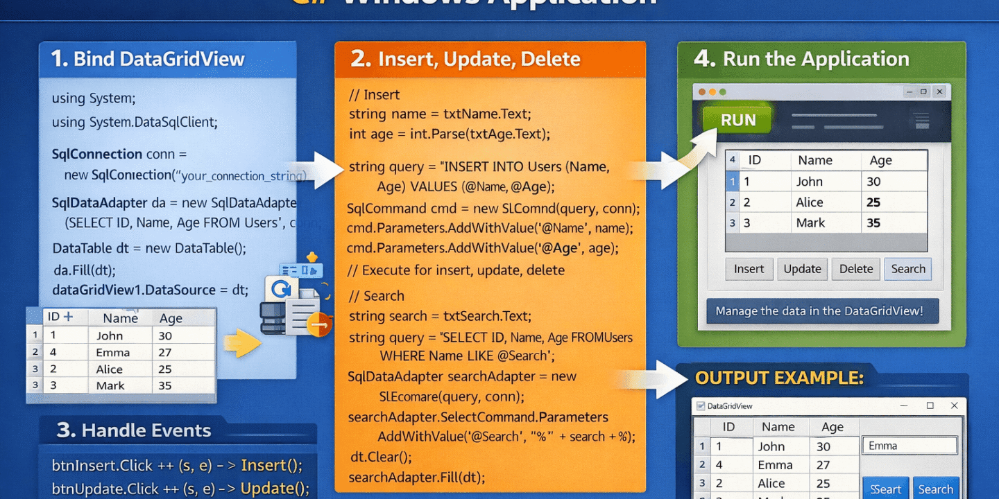 Data Grid View Bind and Insert, Update, Delete, Search In C# Windows Application